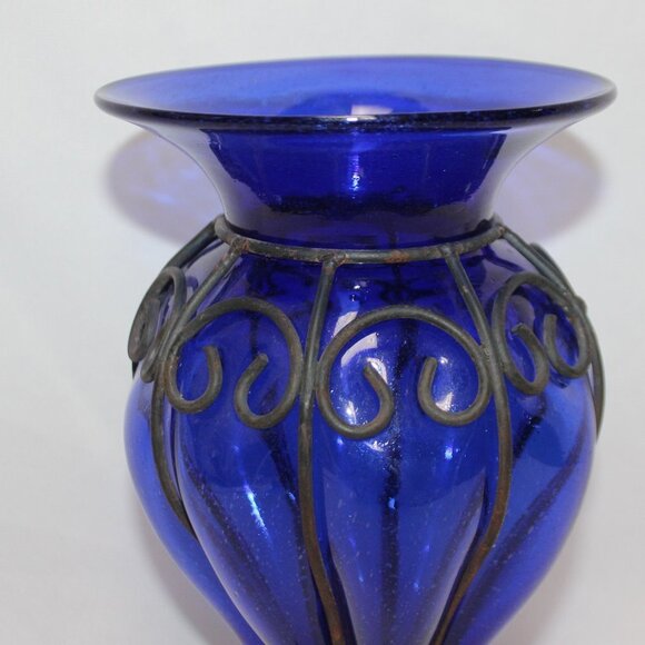 Vintage Cobalt Blue Hand Blown Caged Glass Vase - Picture 3 of 12